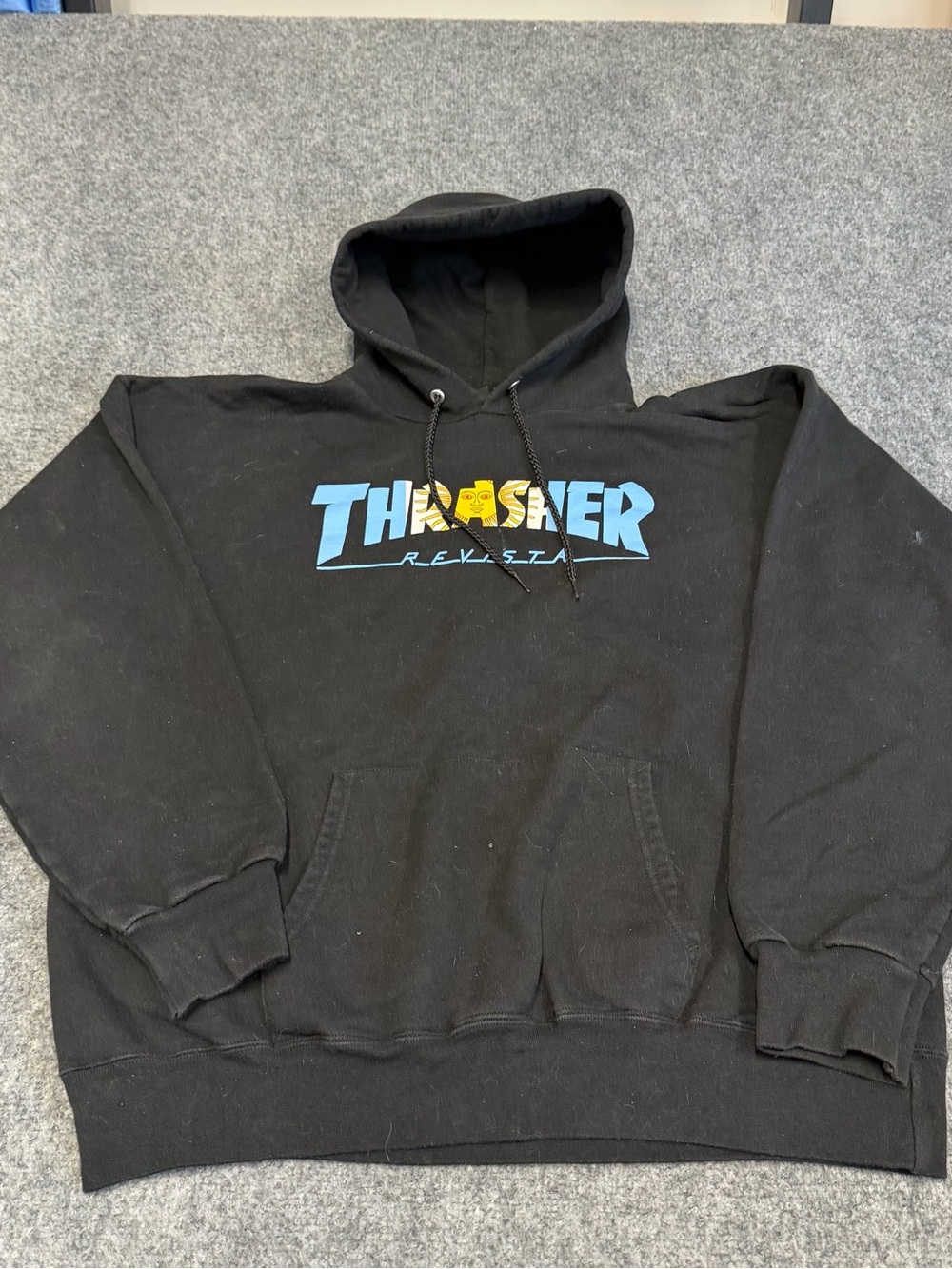 Thrasher Black Hoodie with Blue and Yellow Logo